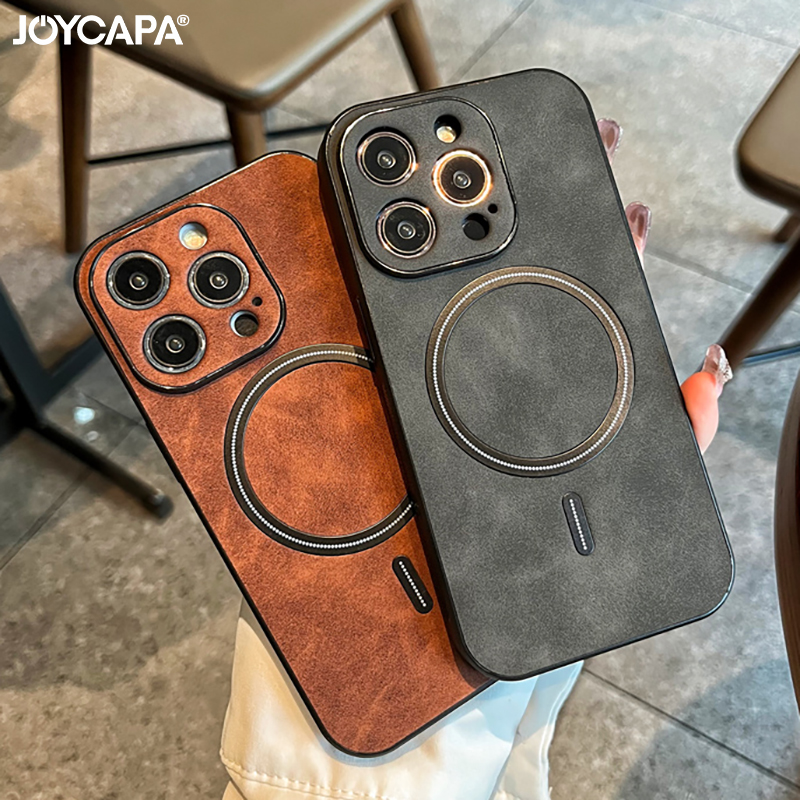 Magsafe için lüks mat deri iPhone 16 15 14 artı 13 11 12 Pro Max X S XR Şok geçirmez Kapak