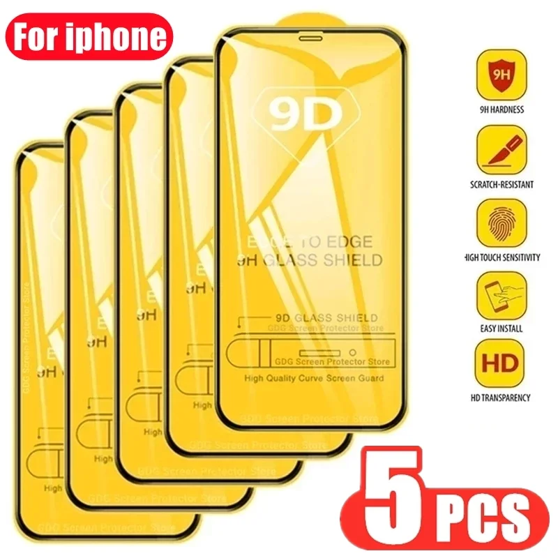 5pcs 9D Koruyucu Cam Ekran Koruyucu İPhone 14 13 12 11 Pro Max Mini 7 8 Plus TEMİZ CAM İPhone 16 15 XR XS MAX için