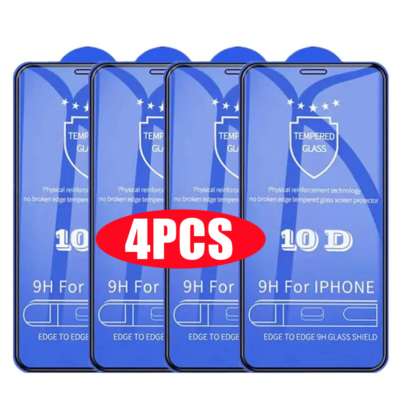 4pcs iPhone için 10D Temperli Cam 14 11 12 13 Pro Max Mini 7 8 Plus Tam Kapak Ekran Koruyucu İPhone 15 Pro XR XS MAX için