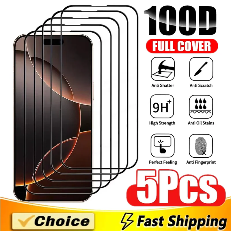 5pcs iPhone için 100D Temperli Cam 15 14 13 12 11 16 İPhone 16E XR X XS MAX 7 8 Plus SE Cam için PRO MAX Mini Ekran Koruyucu