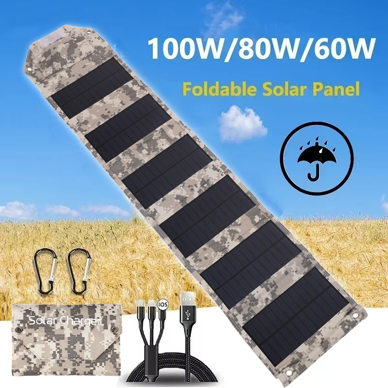 100W/80W/60W Katlanabilir Güneş Paneli 5V USB Taşınabilir Pil Şarj Cihazı, Cep Telefonu için Kamp için Açık Su Geçirmezlik Güç Bankası
