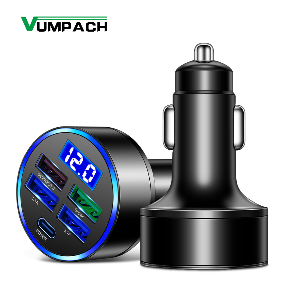 250W LED araba şarj cihazı 5 bağlantı noktası hızlı şarj pd qc3.0 usb c araba telefon şarj cihazı tip C tipi iPhone Samsung Huawei Xiaomi