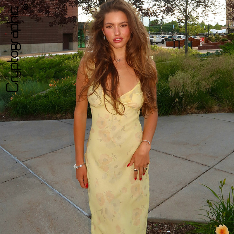 Şifreli yaz çiçek baskısı dalma maxi elbise kıyafetleri seksi sırtsız peri güneş elbiseleri tatil plaj kıyafeti vestido coquette