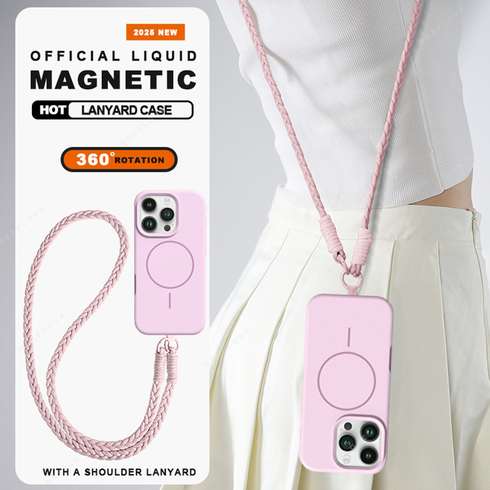 Magnetic Liquid Silicone Lanyard Phone Case For iPhone 15 14 16 Plus 11 12 13 16 Pro Max Magsafe Long Strap Protector Soft Cover