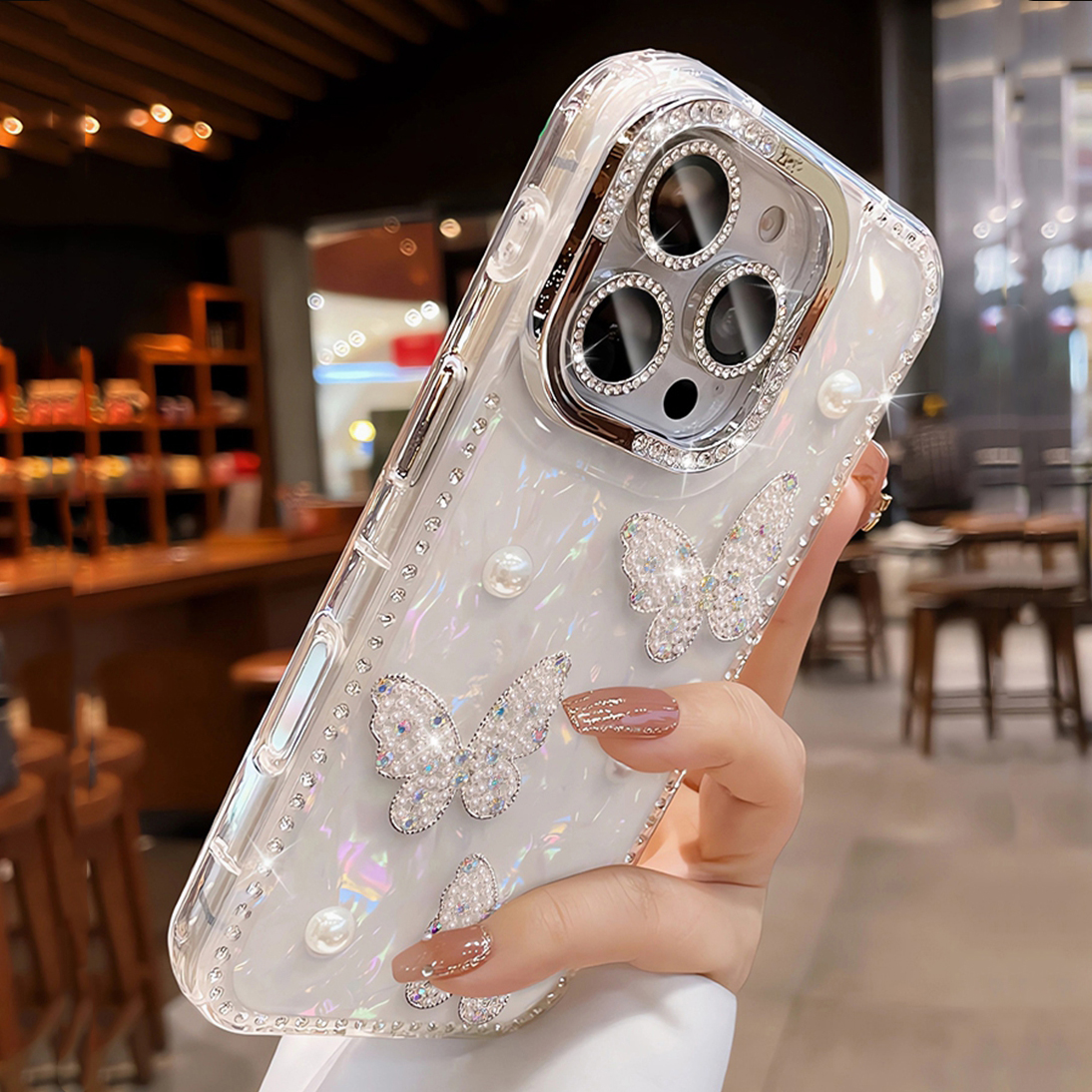 Luxury Bling Glitter Silicone Phone Case For iPhone 16 15 14 13 12 11 Pro Max Plus Pearl Butterfly Protector Shockproof Cover