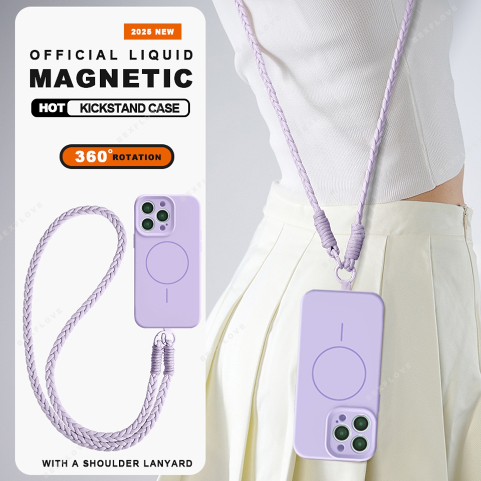 Lanyard Magnetic Phone Case For iPhone 16 14 15 Plus 11 12 13 16 Pro Max Magsafe Liquid Silicone Charge Strap Protector Cover