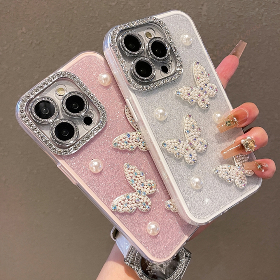 Bling Glitter Pearl Butterfly Silicone Phone Case For iPhone 16 15 14 13 12 11 Pro Max Plus Luxury Protector Shockproof Cover