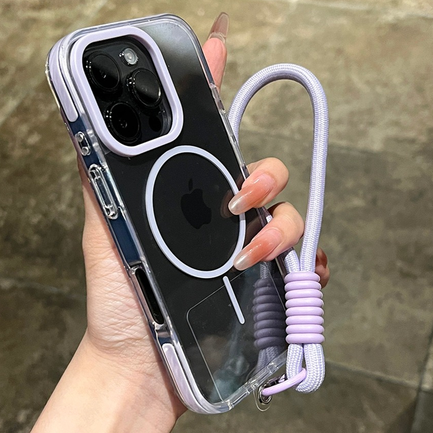 Transparent Magnetic Phone Case for iPhone 14 15 16 Plus 11 12 13 16 Pro Max Magsafe Clear Wrist Strap Charging Shockproof Cover