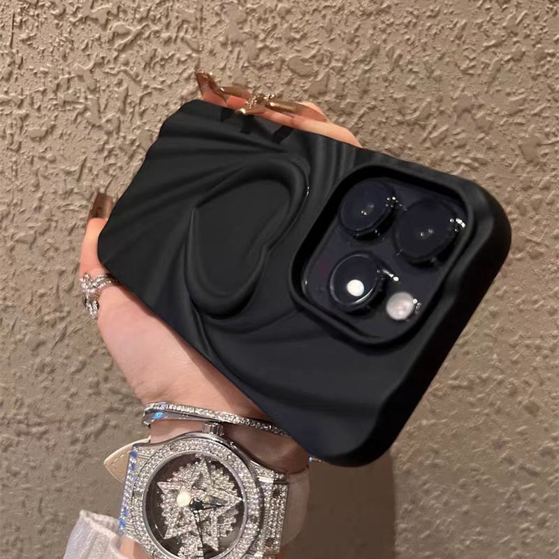 Fashion Fold Wrinkle 3D Love Heart Silicone Phone Case For iPhone 14 15 16 Pro Max Plus 11 12 13 ProMax Soft Matte Full Cover