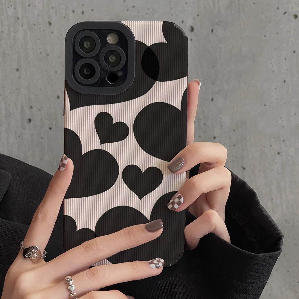 Fashion Black Love Heart Silicone Case For iPhone 16 14 Plus 12 13 11 15 Pro Max Mini X XS XR 7 8 Leather Shockproof Full Cover