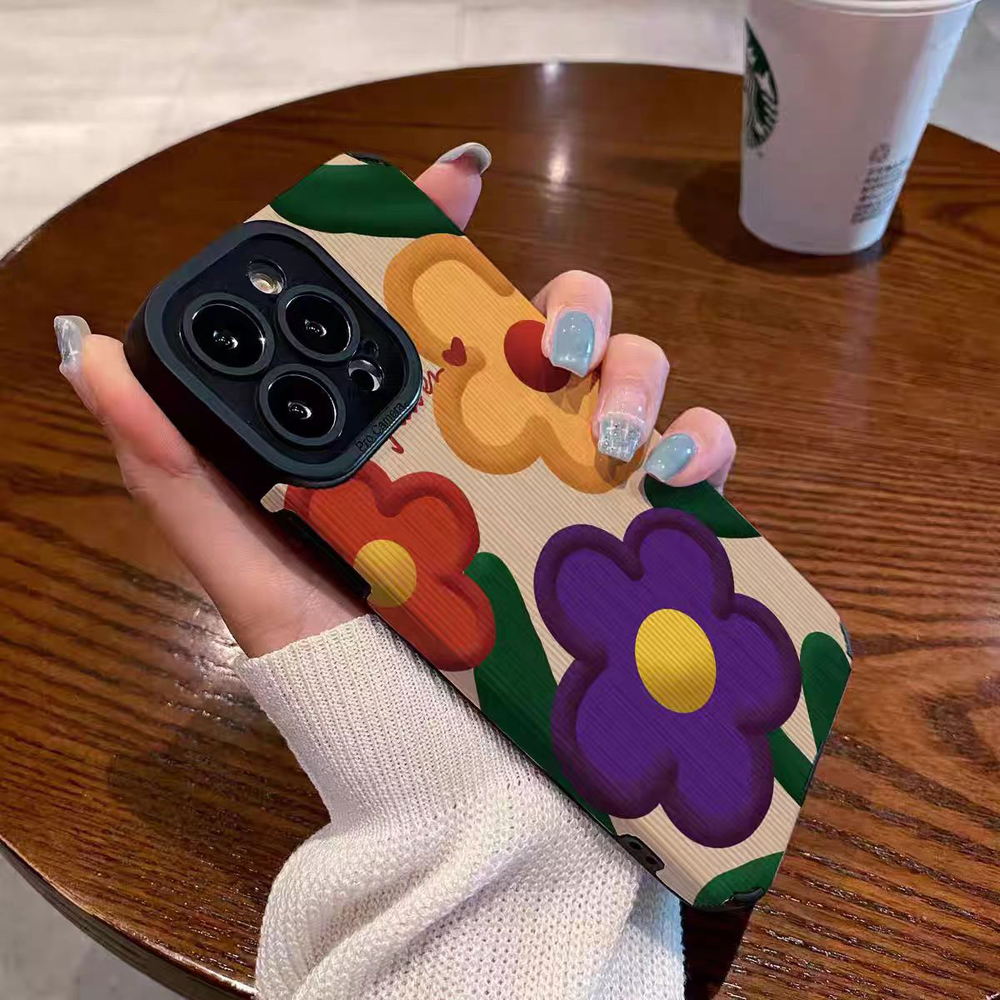 Fashion Big Flower Silicone Leather Case For iPhone 14 13 12 11 16 15 Pro Max Plus Mini X XS XR 7 8 Soft Shockproof Full Cover