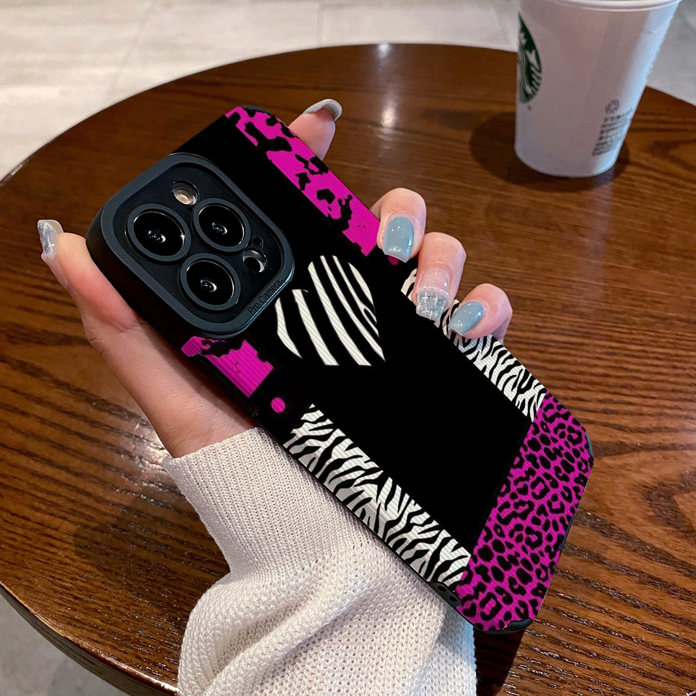 Creative Leopard Love Silicone Leather Case For iPhone 16 13 14 15 Pro Max Plus 11 12 Mini X XS XR 7 8P Shockproof Full Cover