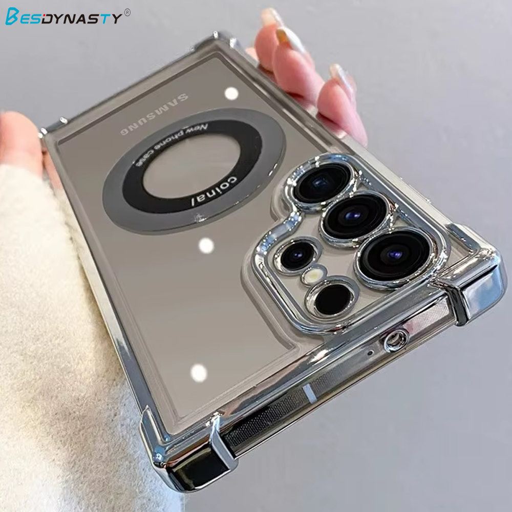 Luxury Airbag Plating Magsafe Phone Case For Samsung S25 Ultra S24 FE S23 Plus A54 A15 A35 A55 A53 Magnetic Clear Back Cover