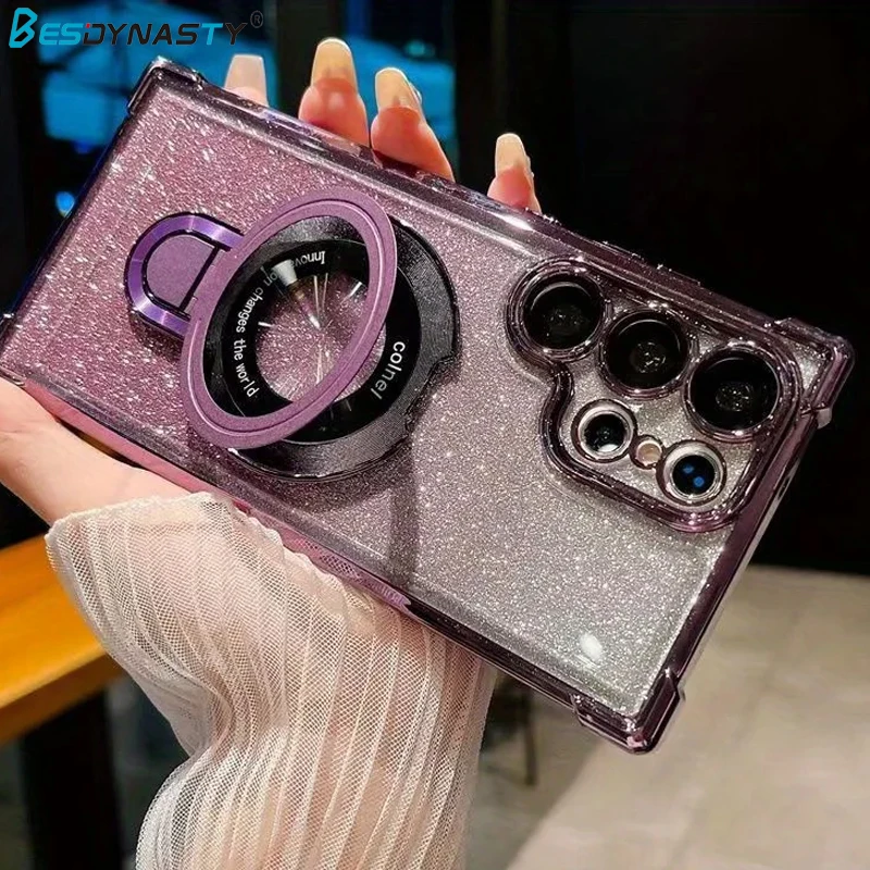 Plating Airbag Gradient Case For Samsung Galaxy S25 S24 Plus S23 FE S22 Note 20 Ultra Lens Protection Magnetic Holder Cover